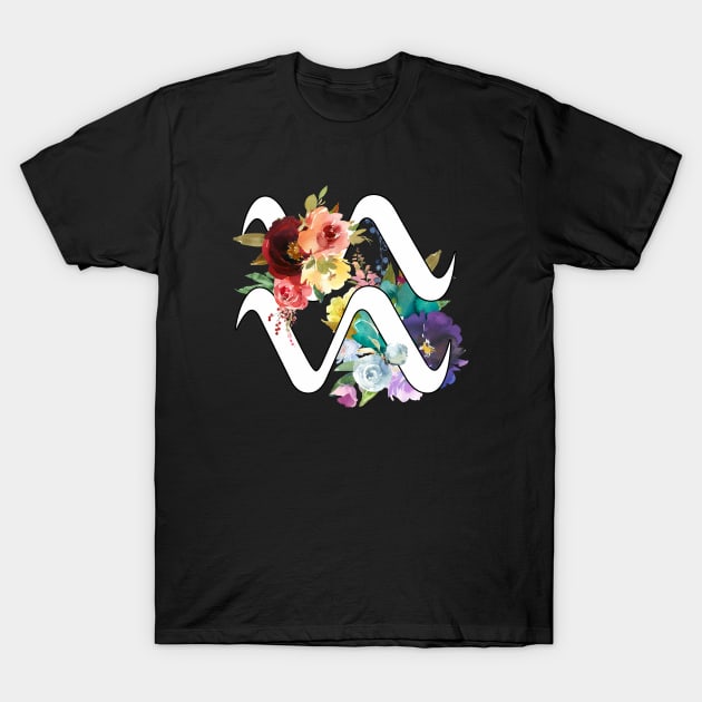 Aquarius Horoscope Zodiac Rainbow Flowers Design T-Shirt by bumblefuzzies